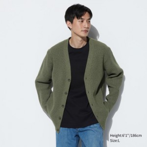 Uniqlo Washable Baumwoll V-Neck Long-Sleeve Strickjacke Herren Olivgrün | JOXS-70341