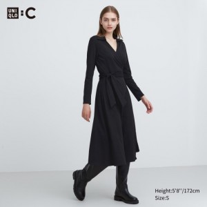 Uniqlo Wrap Long-Sleeve Kleid Damen Schwarz | NXIJ-13078