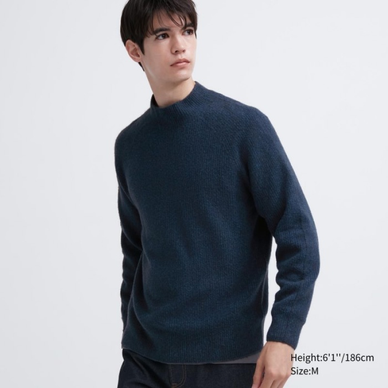 Uniqlo 3D Knit Souffle Yarn Mock Neck Long-Sleeve Pullover Herren Blau | YZWJ-90627