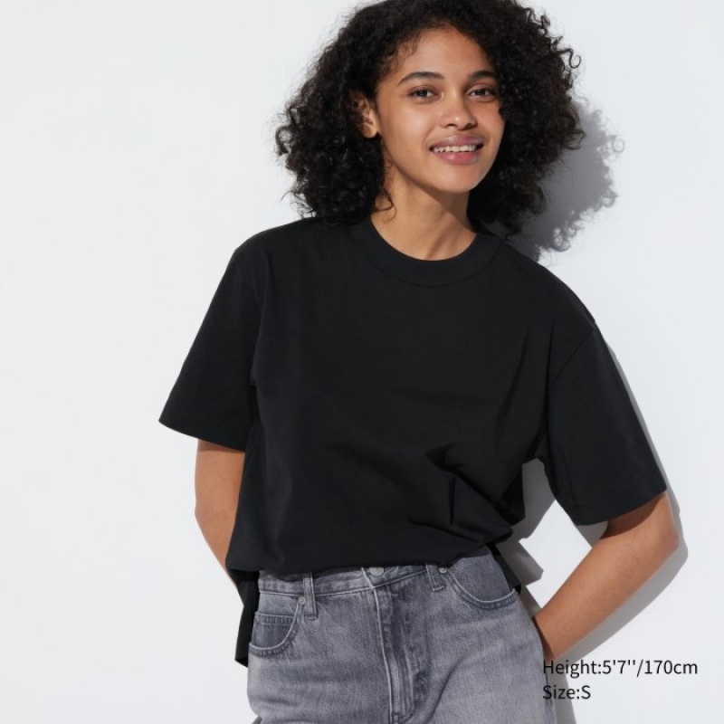 Uniqlo AIRism Baumwoll Kurzes Sleeve T-Shirt Damen Schwarz | MEPU-07286