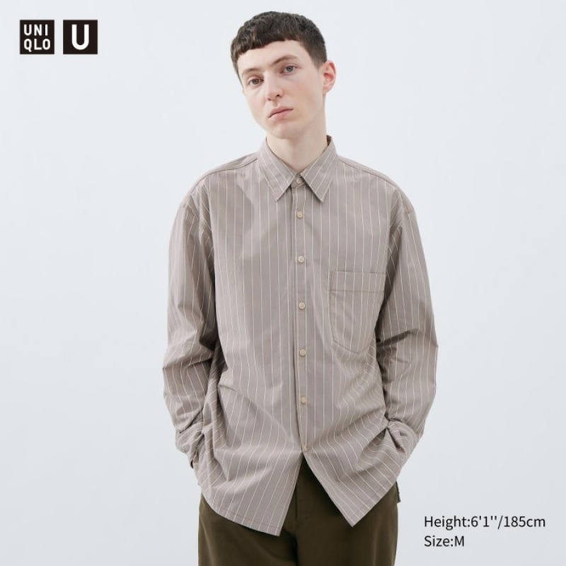 Uniqlo Broadcloth Oversized Gestreift Long-Sleeve Casual Shirts Herren Grau | YQAG-72104