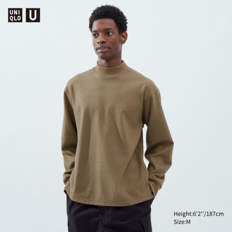 Uniqlo Brushed Jersey Mock Neck Long-Sleeve T-Shirt Herren Braun | OCGZ-14502