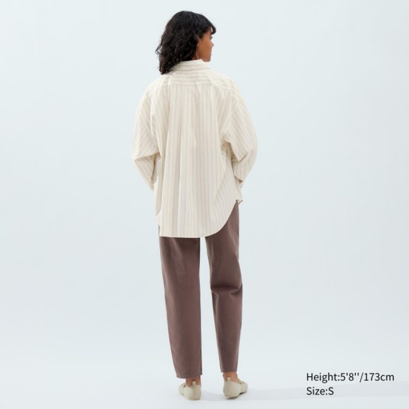 Uniqlo Draped Gestreift Long-Sleeve Hemd Damen Natural | VBNJ-16504