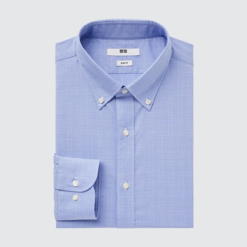 Uniqlo Easy Care Checked Stretch Slim-Fit Long-Sleeve Dress Shirts Herren Blau | OIVB-37629