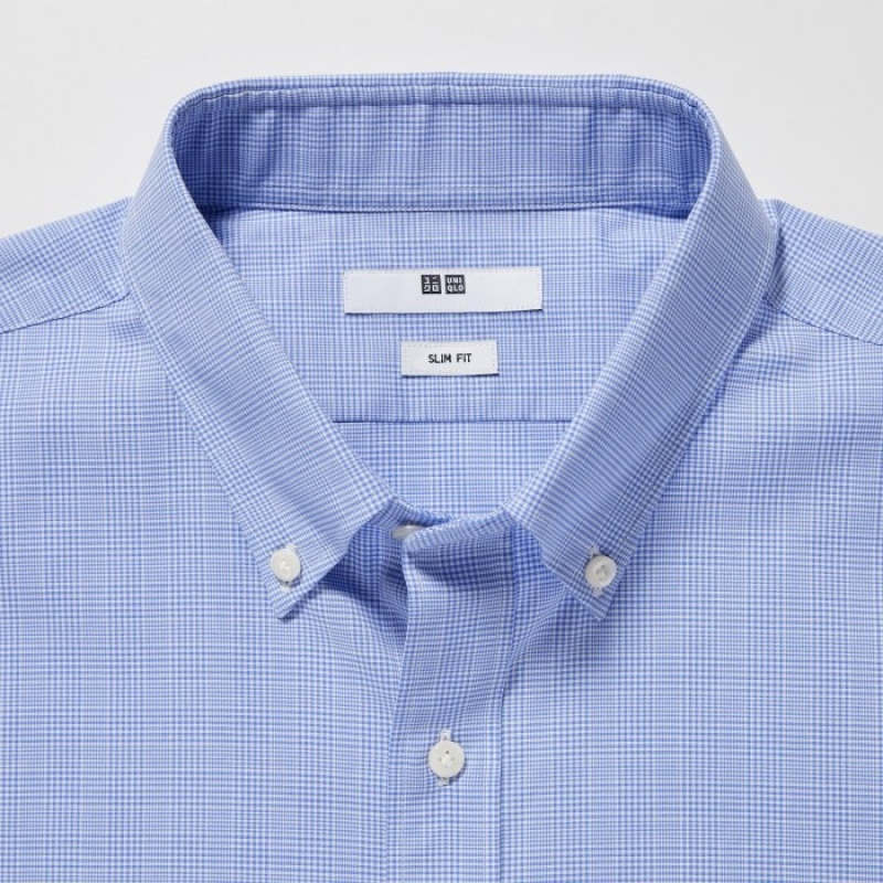 Uniqlo Easy Care Checked Stretch Slim-Fit Long-Sleeve Dress Shirts Herren Blau | OIVB-37629