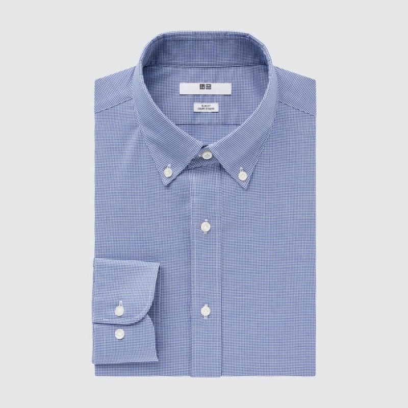 Uniqlo Easy Care Checked Stretch Slim-Fit Long-Sleeve Dress Shirts Herren Blau | ZQJO-75826