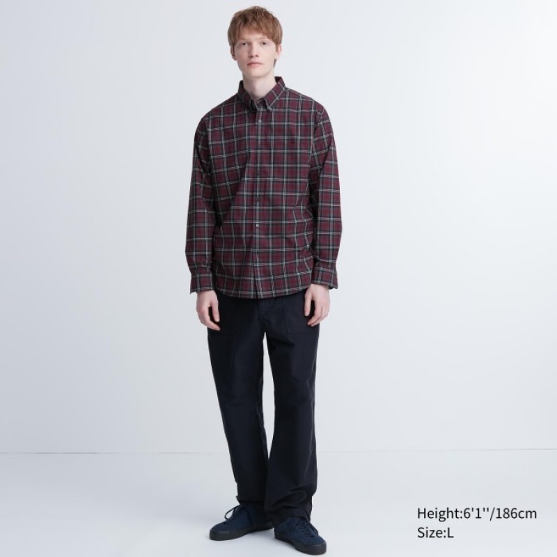 Uniqlo Extra Fine Baumwoll Broadcloth Checked Casual Shirts Herren Wine | WUAE-97834