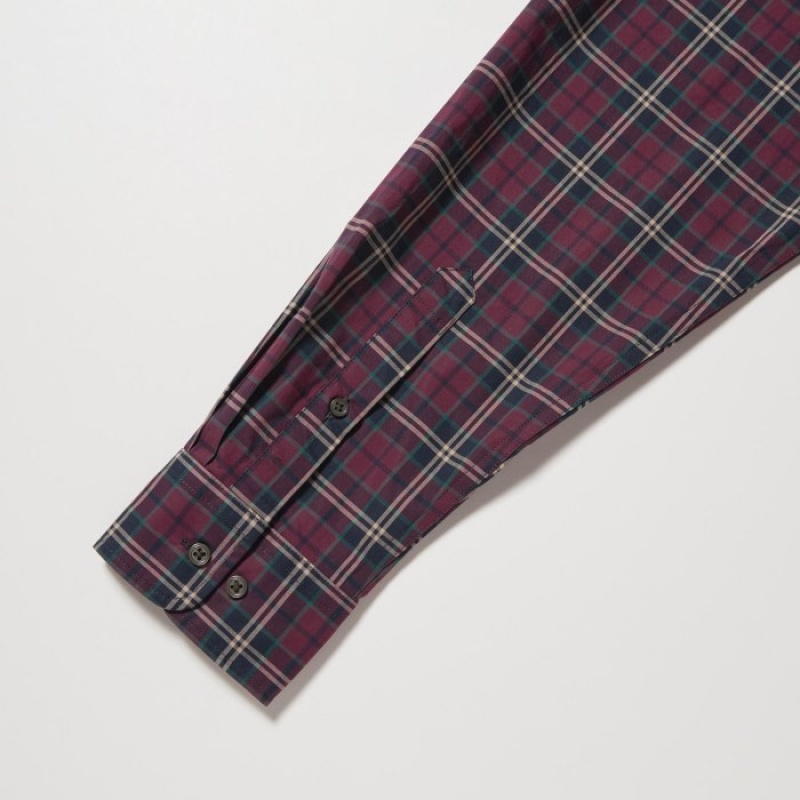 Uniqlo Extra Fine Baumwoll Broadcloth Checked Casual Shirts Herren Wine | WUAE-97834