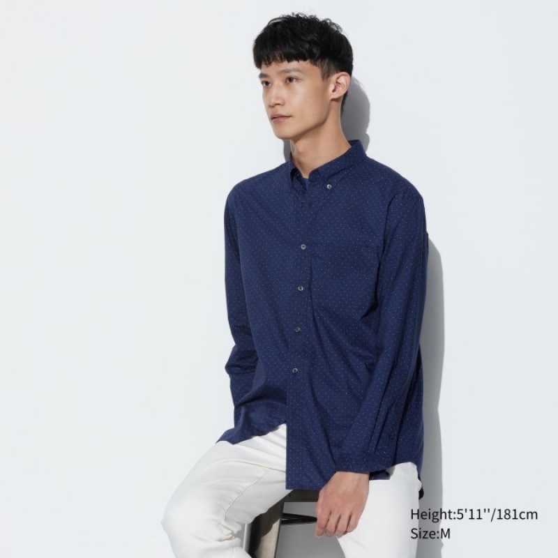 Uniqlo Extra Fine Baumwoll Broadcloth Dotted Casual Shirts Herren Blau | CGQH-06479