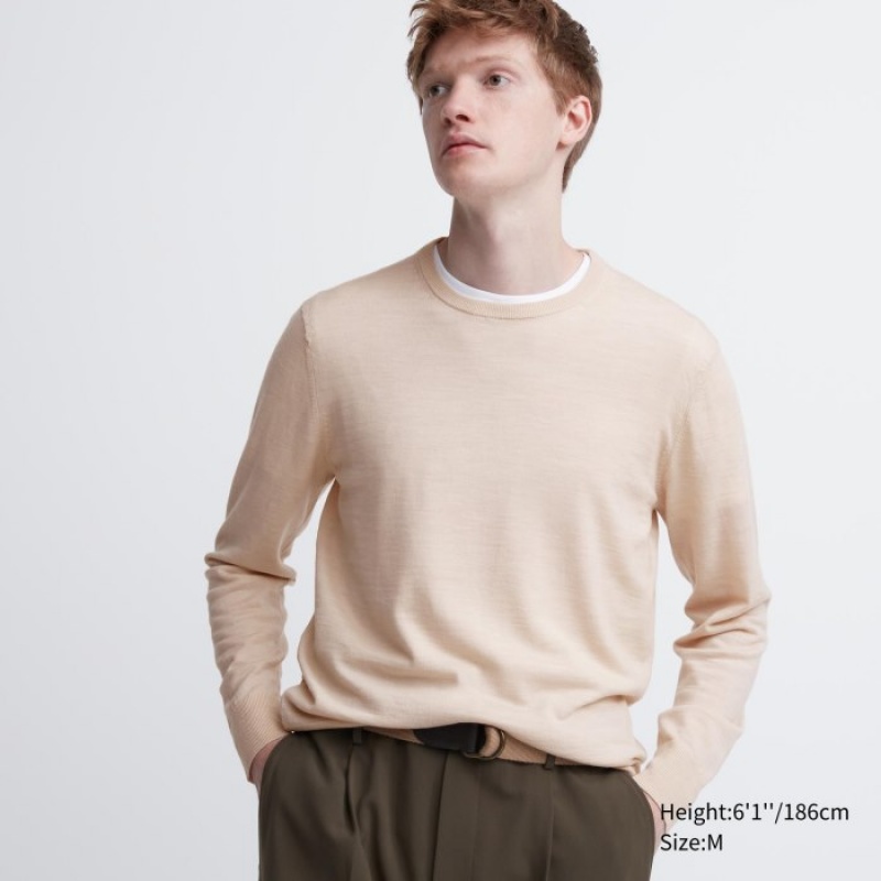 Uniqlo Extra Fine Merino Crew Neck Long-Sleeve Pullover Damen Natural | KMCE-71450