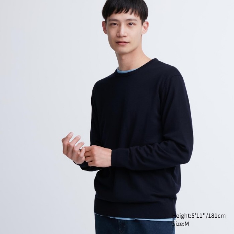 Uniqlo Extra Fine Merino Crew Neck Long-Sleeve Pullover Damen Navy | IFXM-40591