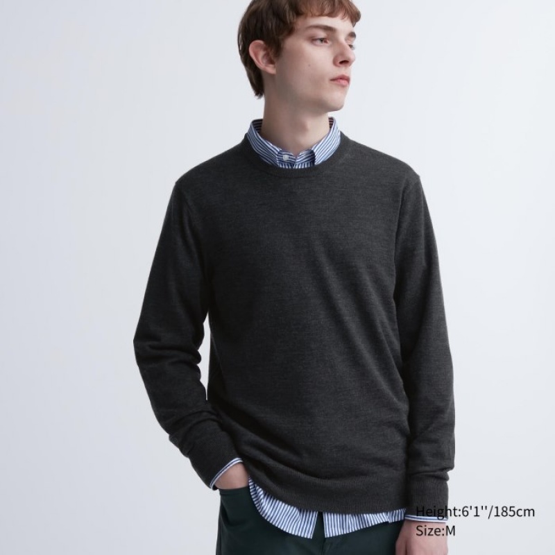 Uniqlo Extra Fine Merino Crew Neck Long-Sleeve Pullover Herren Dunkelgrau | IKSC-48695