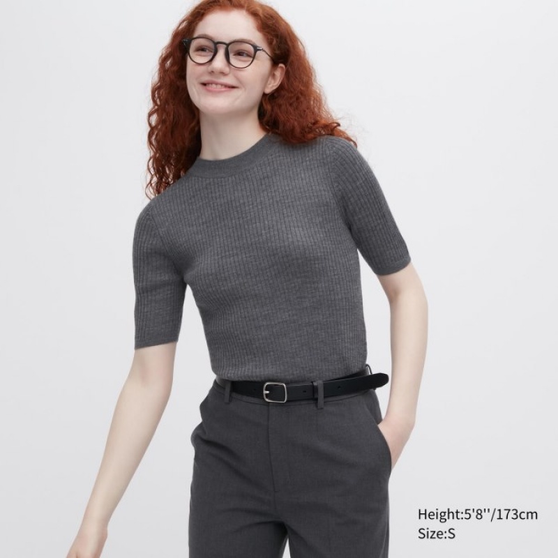 Uniqlo Extra Fine Merino Gerippt Mock Neck Half-Sleeve Pullover Damen Grau | STWO-71320