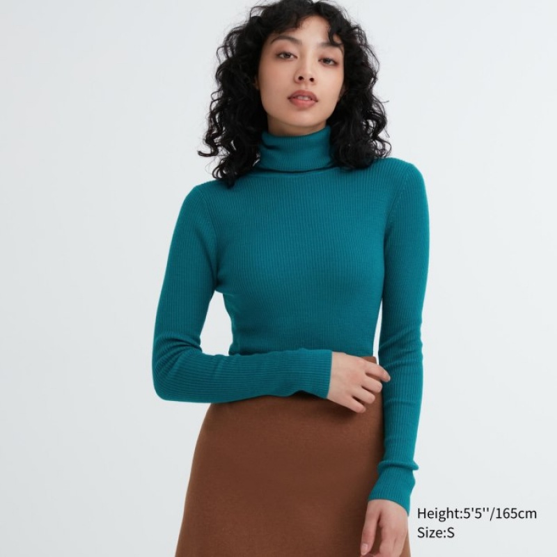 Uniqlo Extra Fine Merino Gerippt Turtleneck Long-Sleeve Pullover Damen Grün | OTAS-06412