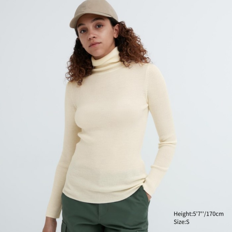 Uniqlo Extra Fine Merino Gerippt Turtleneck Long-Sleeve Pullover Damen Weiß | QNYW-01684