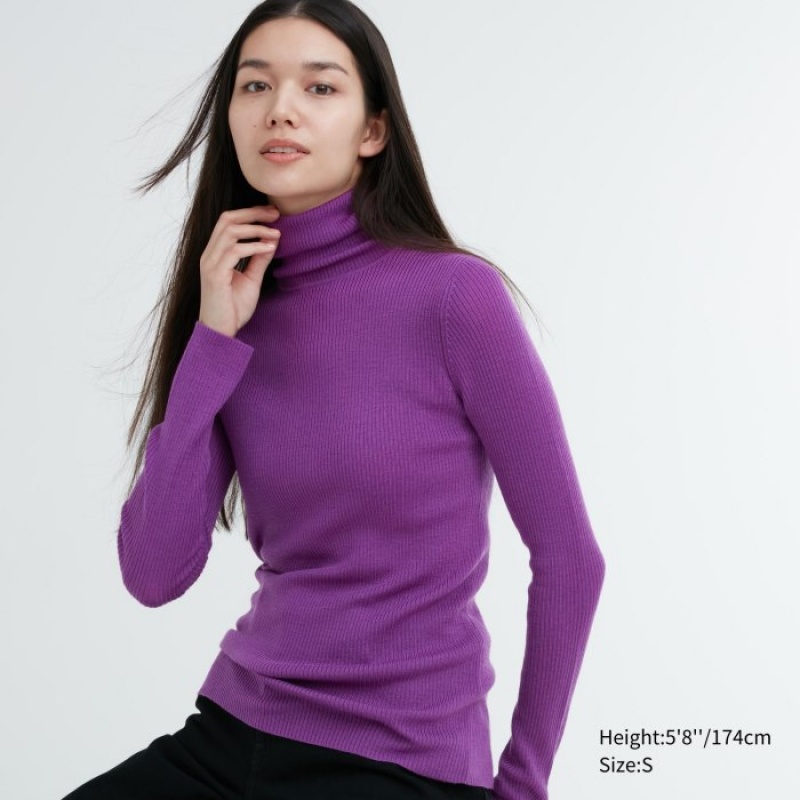 Uniqlo Extra Fine Merino Gerippt Turtleneck Long-Sleeve Pullover Damen Lila | CPQY-14028