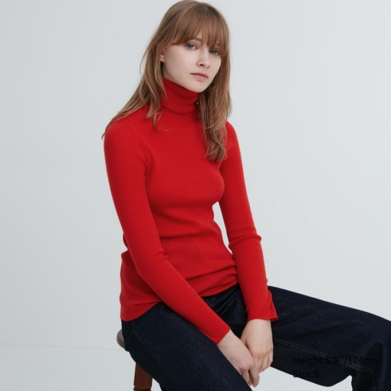 Uniqlo Extra Fine Merino Gerippt Turtleneck Long-Sleeve Pullover Damen Rot | CWOQ-96542