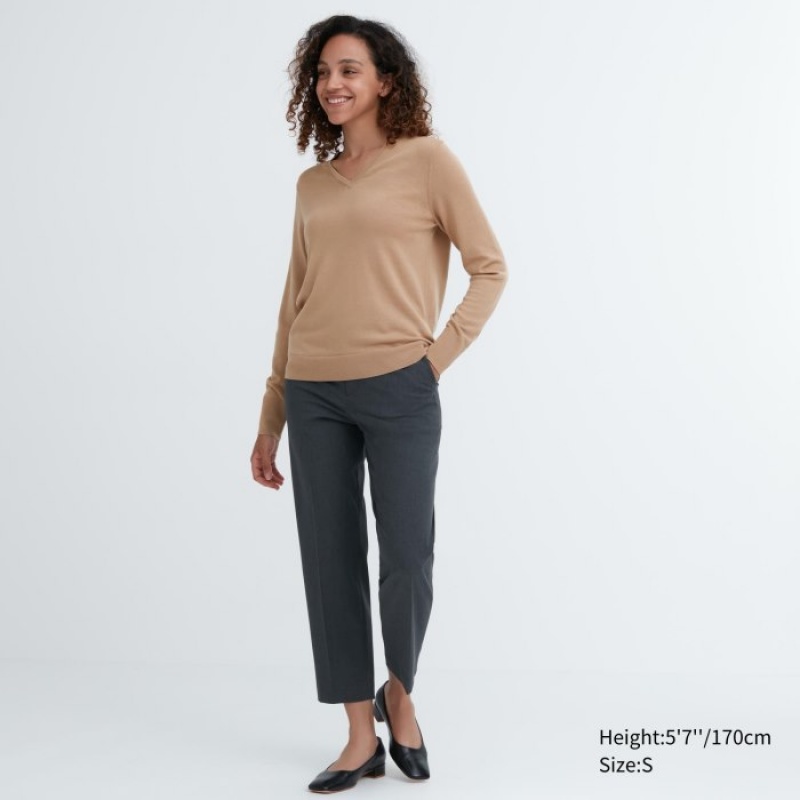 Uniqlo Extra Fine Merino V-Neck Long-Sleeve Pullover Damen Beige | YSXJ-91532