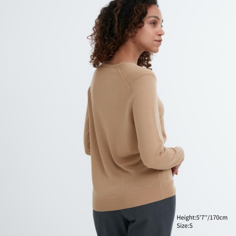 Uniqlo Extra Fine Merino V-Neck Long-Sleeve Pullover Damen Beige | YSXJ-91532