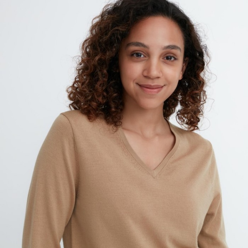 Uniqlo Extra Fine Merino V-Neck Long-Sleeve Pullover Damen Beige | YSXJ-91532