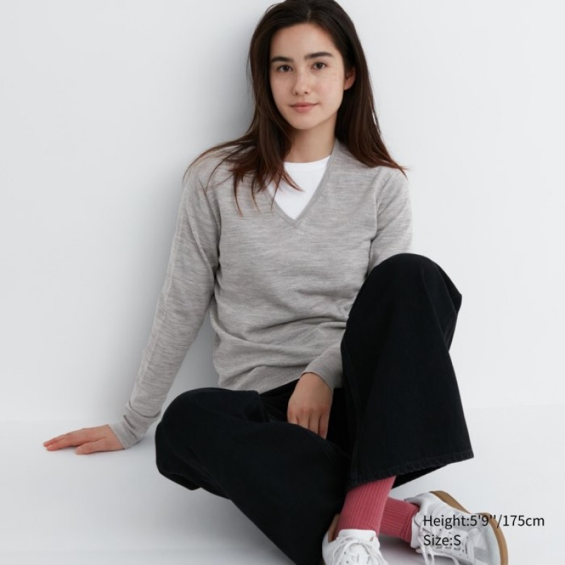 Uniqlo Extra Fine Merino V-Neck Long-Sleeve Pullover Damen Grau | MGRI-94810