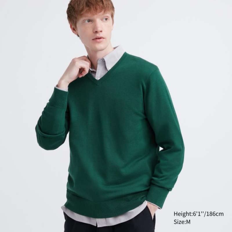 Uniqlo Extra Fine Merino V-Neck Long-Sleeve Pullover Herren Grün | KXLF-14065