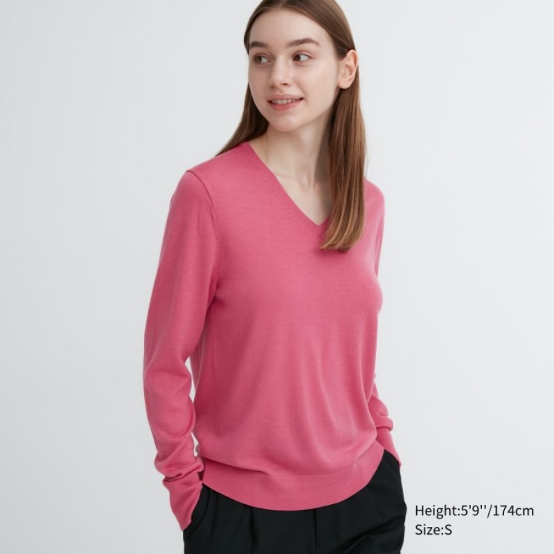 Uniqlo Extra Fine Merino V-Neck Long-Sleeve Pullover Damen Rosa | BLHG-94562