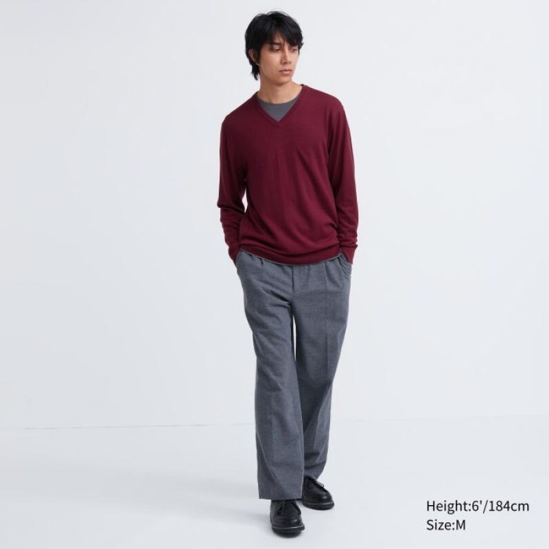 Uniqlo Extra Fine Merino V-Neck Long-Sleeve Pullover Herren Wine | DNYQ-13249