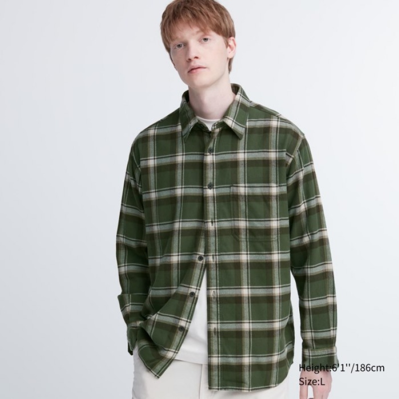 Uniqlo Flannel Checked Casual Shirts Herren Olivgrün | AHRD-39582