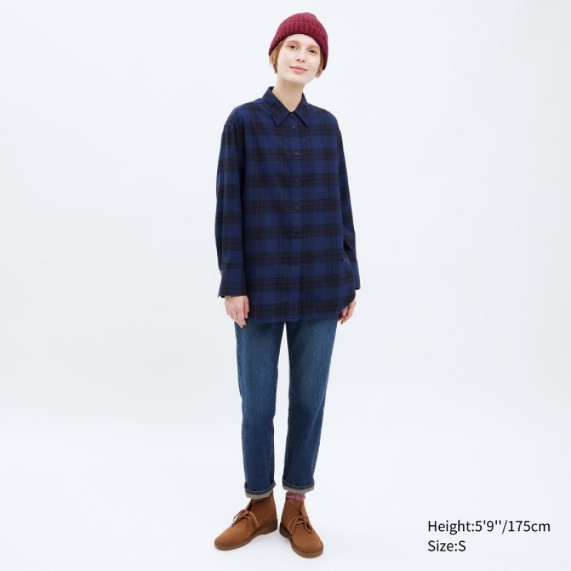 Uniqlo Flannel Checked Long-Sleeve Long Hemd Damen Navy | SZAC-59263