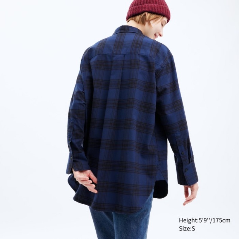 Uniqlo Flannel Checked Long-Sleeve Long Hemd Damen Navy | SZAC-59263