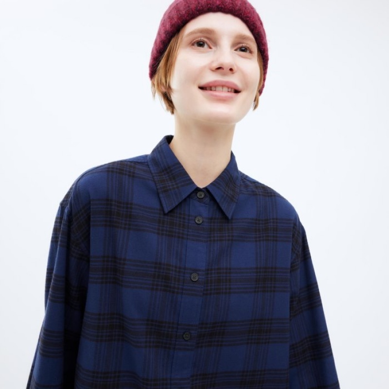 Uniqlo Flannel Checked Long-Sleeve Long Hemd Damen Navy | SZAC-59263