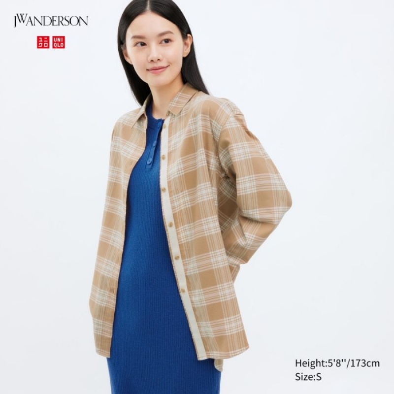 Uniqlo Flannel Checked Long-Sleeve Long Hemd Damen Beige | QGOW-92156