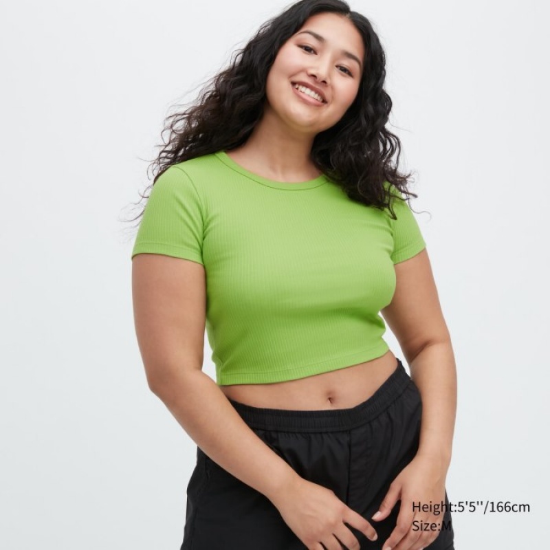 Uniqlo Gerippt Crew Neck Kurzes-Sleeve Cropped T-Shirt Damen Grün | GZTX-20349