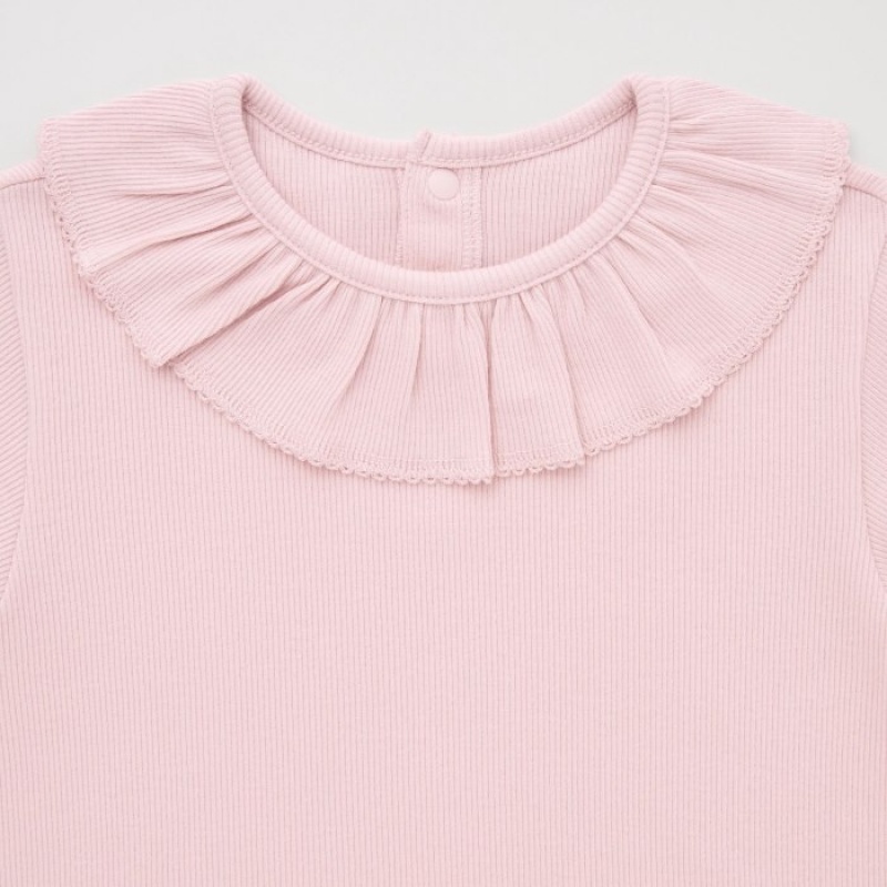 Uniqlo Gerippt Frill Crew Neck Long-Sleeve T-Shirt Baby Rosa | EYPV-23140