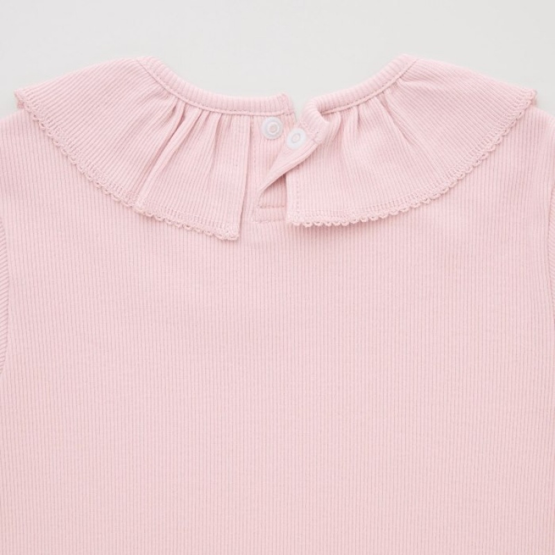 Uniqlo Gerippt Frill Crew Neck Long-Sleeve T-Shirt Baby Rosa | EYPV-23140