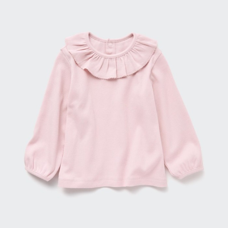 Uniqlo Gerippt Frill Crew Neck Long-Sleeve T-Shirt Baby Rosa | EYPV-23140