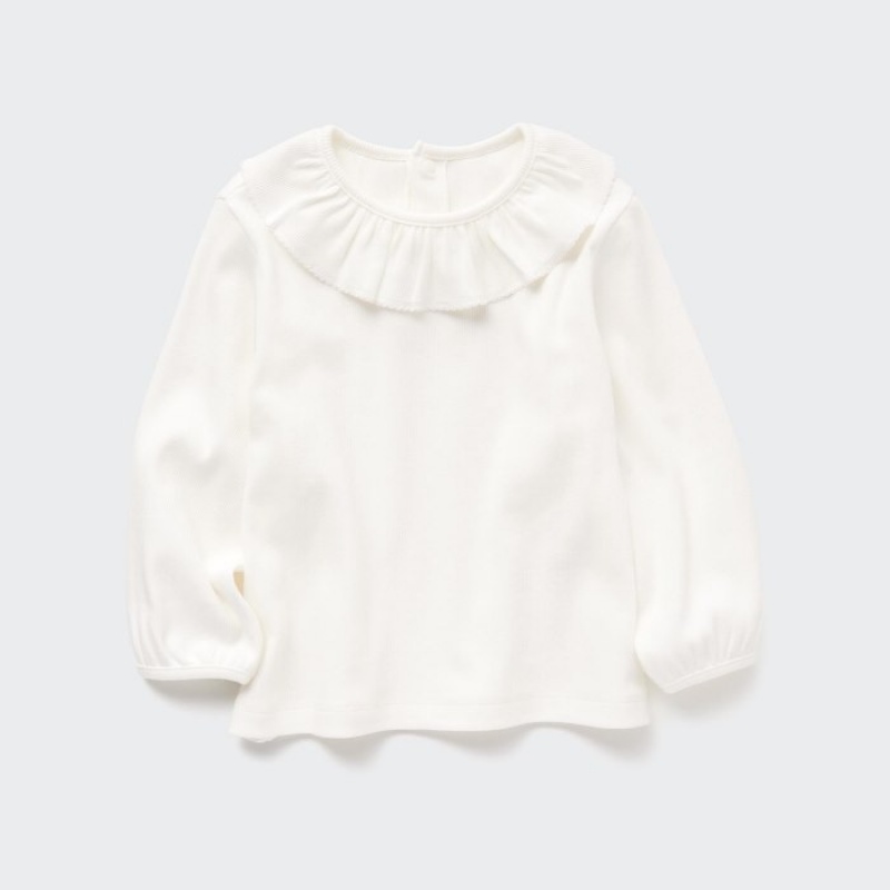 Uniqlo Gerippt Frill Crew Neck Long-Sleeve T-Shirt Baby Weiß | LJPT-12537