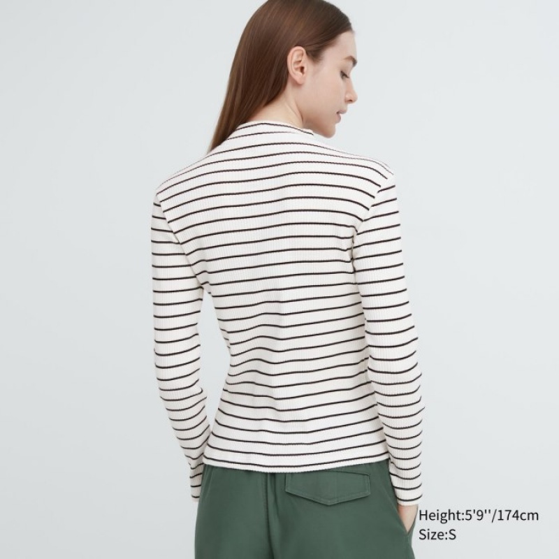 Uniqlo Gerippt Gestreift High Neck Long-Sleeve T-Shirt Damen Weiß | KLWE-47952