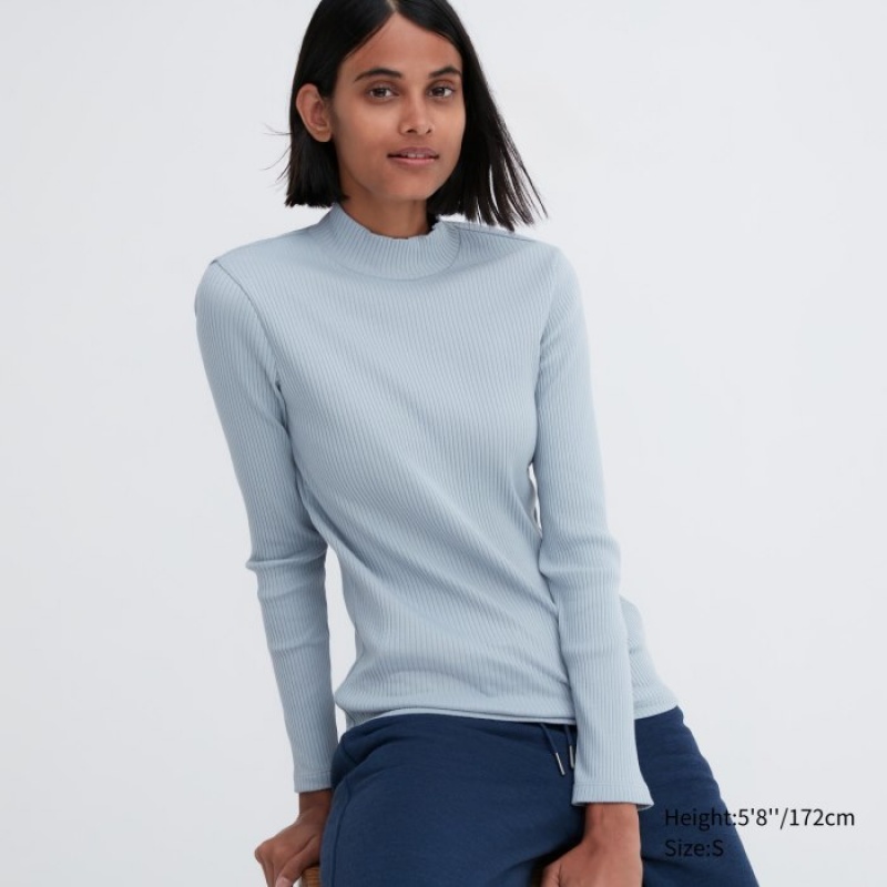 Uniqlo Gerippt High Neck Long-Sleeve T-Shirt Damen Blau | OBVX-67592