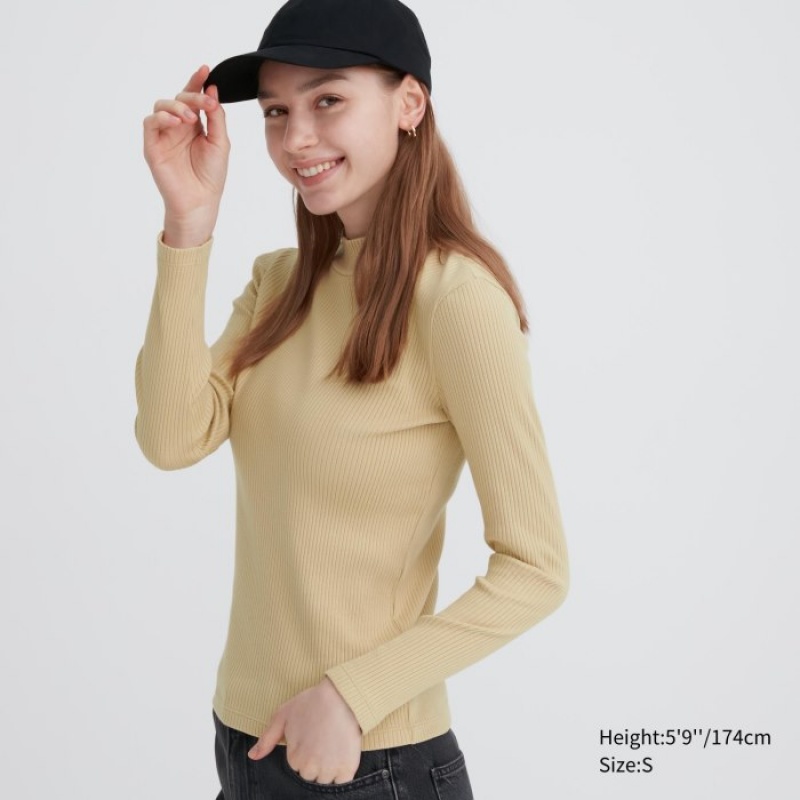 Uniqlo Gerippt High Neck Long-Sleeve T-Shirt Damen Beige | GBFY-80952