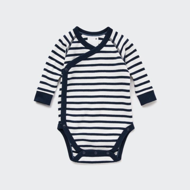 Uniqlo Gestreift Long-Sleeve (Open Front) Body Baby Navy | IMBY-71346