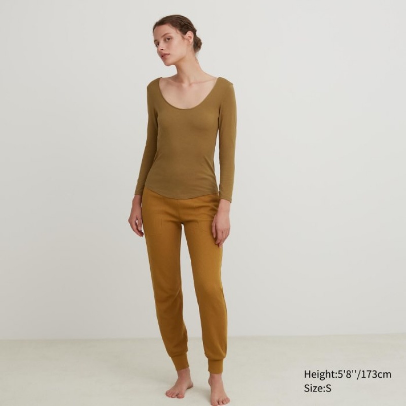 Uniqlo HEATTECH Ballet Neck Long-Sleeve (Silk Blend) T-Shirt Damen Braun | EZXD-96287