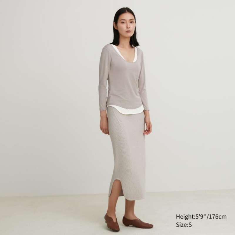 Uniqlo HEATTECH Ballet Neck Long-Sleeve (Silk Blend) T-Shirt Damen Weiß | BMIE-36189