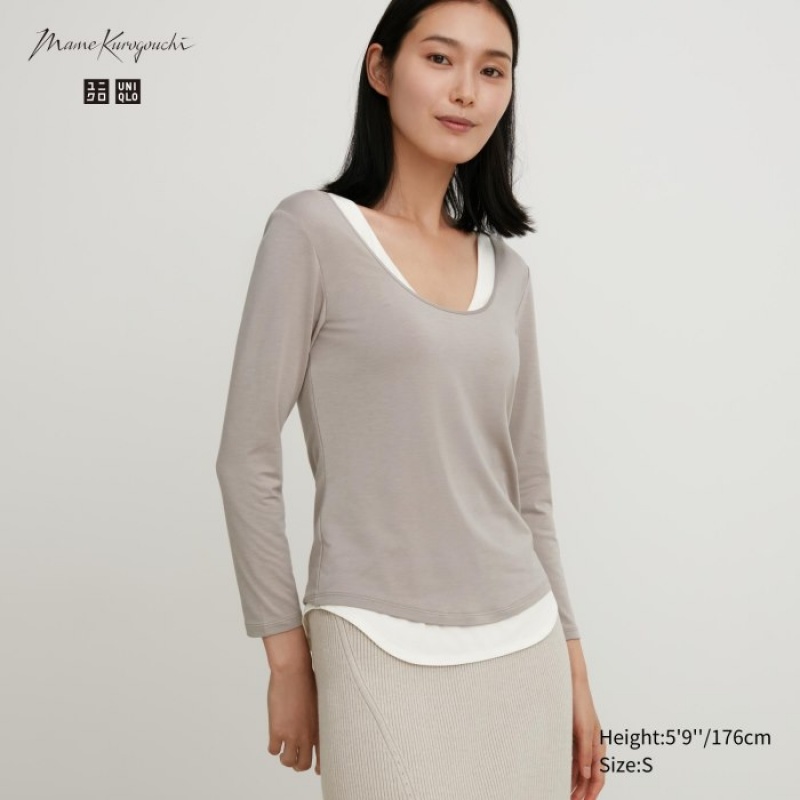 Uniqlo HEATTECH Ballet Neck Long-Sleeve (Silk Blend) T-Shirt Damen Hellgrau | AHWP-96840