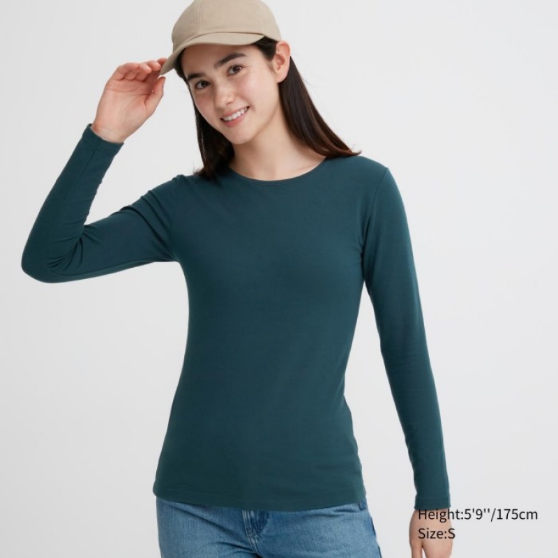 Uniqlo HEATTECH Baumwoll Crew Neck Long-Sleeve T-Shirt (Extra Warm) Undershirts Damen Dunkelgrün | RMHN-15380