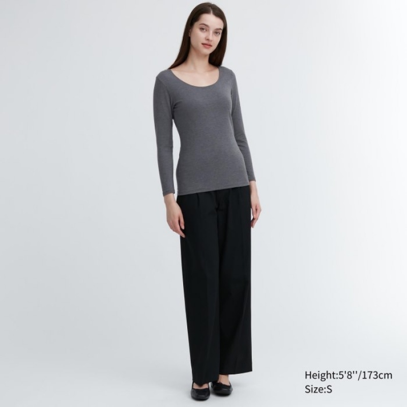 Uniqlo HEATTECH Baumwoll Scoop Neck Long-Sleeve T-Shirt (Extra Warm) Undershirts Damen Dunkelgrau | TXCW-15702