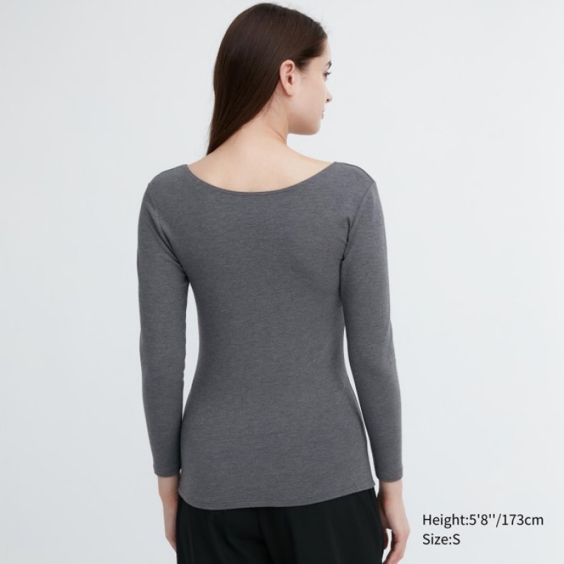 Uniqlo HEATTECH Baumwoll Scoop Neck Long-Sleeve T-Shirt (Extra Warm) Undershirts Damen Dunkelgrau | TXCW-15702