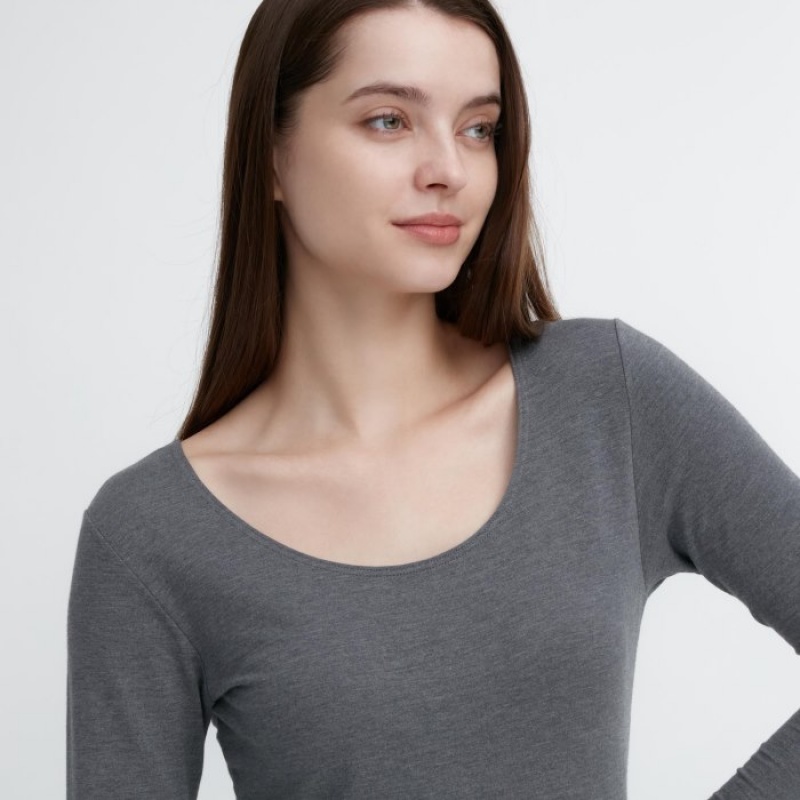 Uniqlo HEATTECH Baumwoll Scoop Neck Long-Sleeve T-Shirt (Extra Warm) Undershirts Damen Dunkelgrau | TXCW-15702