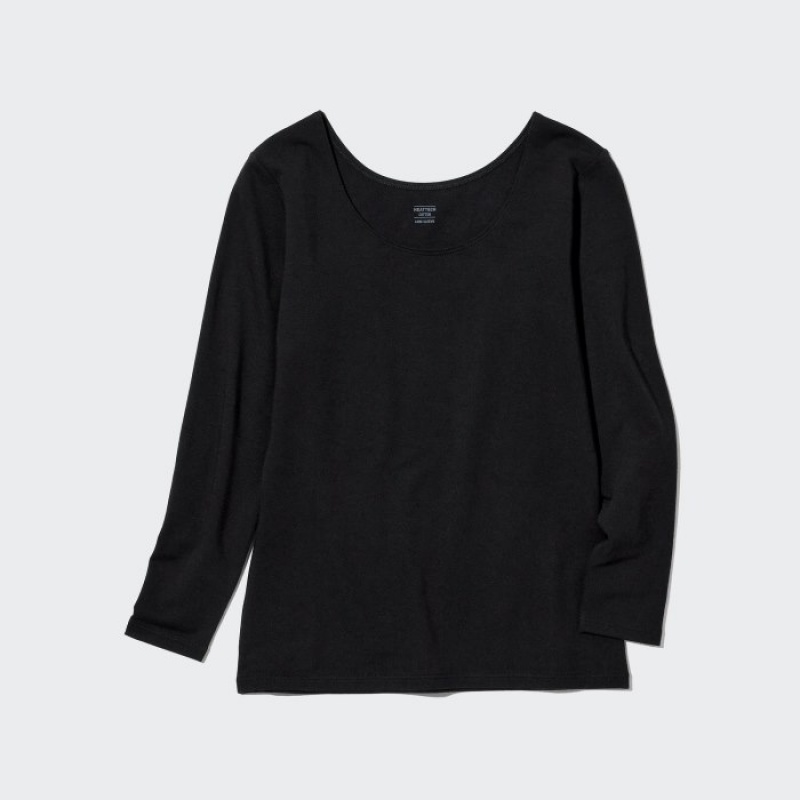 Uniqlo HEATTECH Baumwoll Scoop Neck Long-Sleeve T-Shirt (Extra Warm) (2022 Edition) Undershirts Damen Schwarz | CRAH-90725